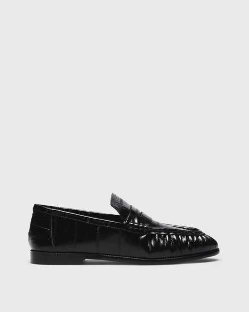 Dafne Croc Penny Loafer, black, side profile
