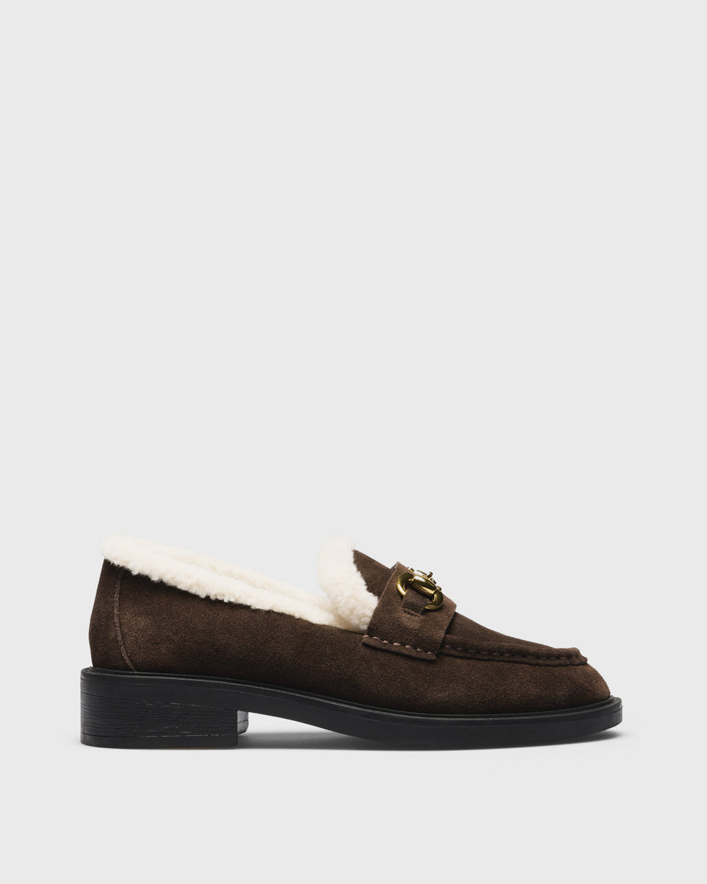 Olga Teddy-Lined Horsebit Loafer, brown, side profile