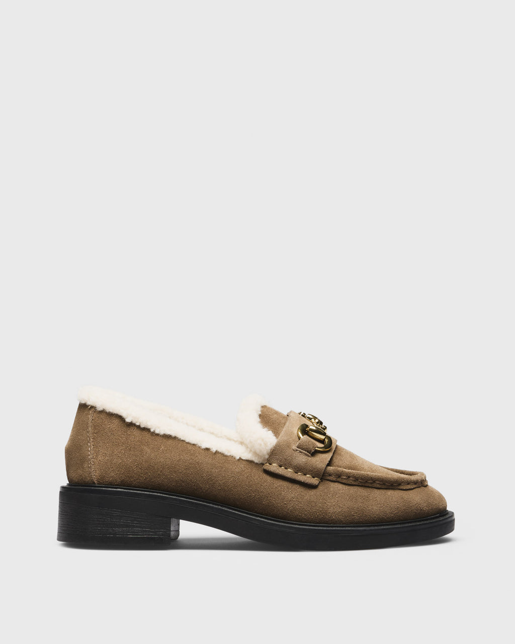 Pia Teddy-Lined Horsebit Loafer, tobacco, side profile
