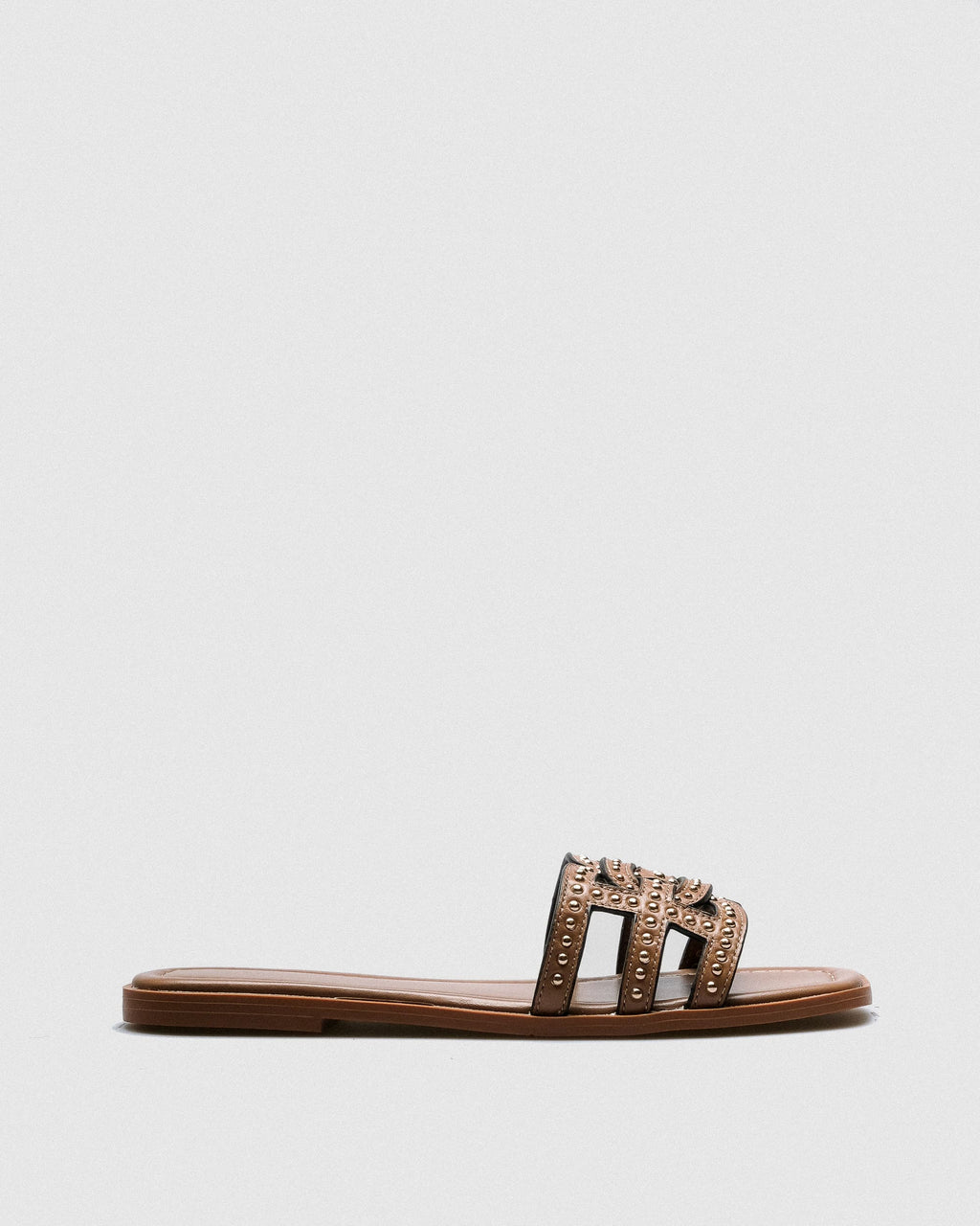 Dine Studded Leather Slide — Tan with Gold Studs