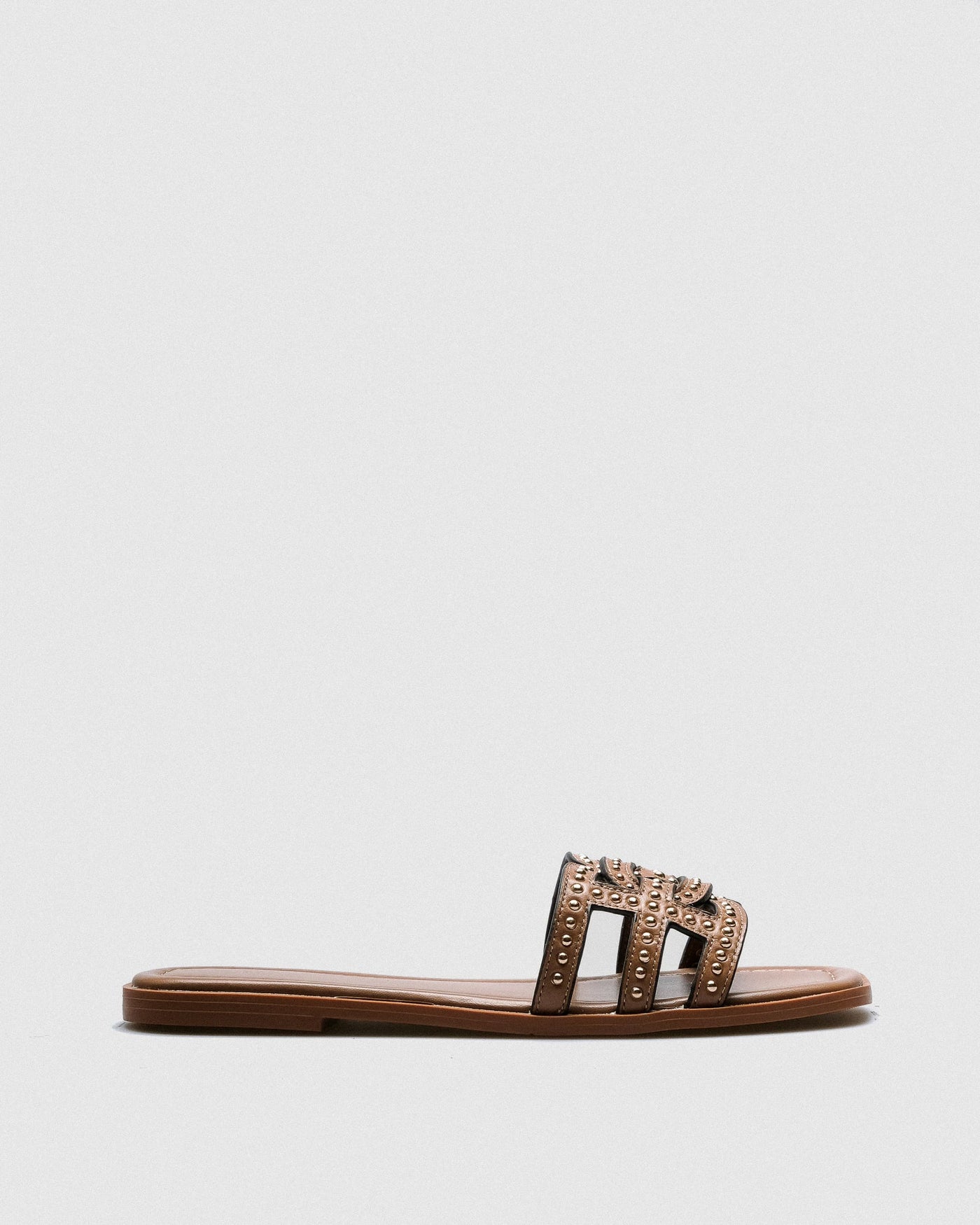 Dine Studded Leather Slide — Tan with Gold Studs