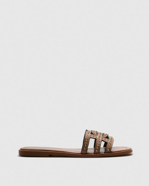 Dine Studded Leather Slide — Tan with Gold Studs