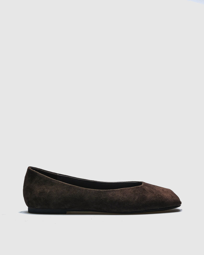 Silke Suede Ballet Flat — Dark Brown Square Toe