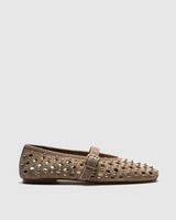 Cloe Studded Suede Mary-Jane — Taupe with Gold Studs