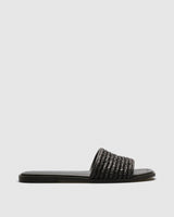 Clea Raffia Slide — Black Hand-Woven with Leather Trim