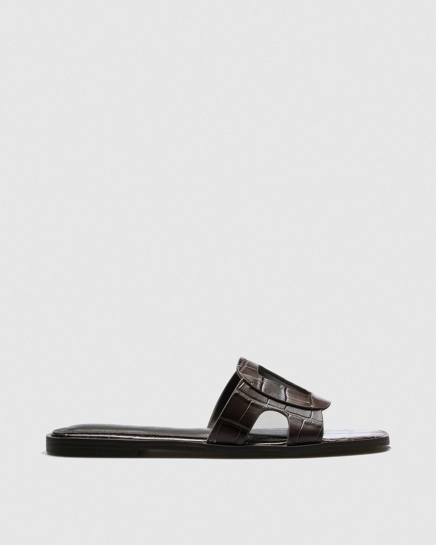 Nora Croc-Embossed Slide — Brown with Cut-Out Detail