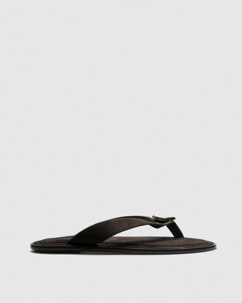 Bryn Suede Thong Slide — Brown with Gold Hardware