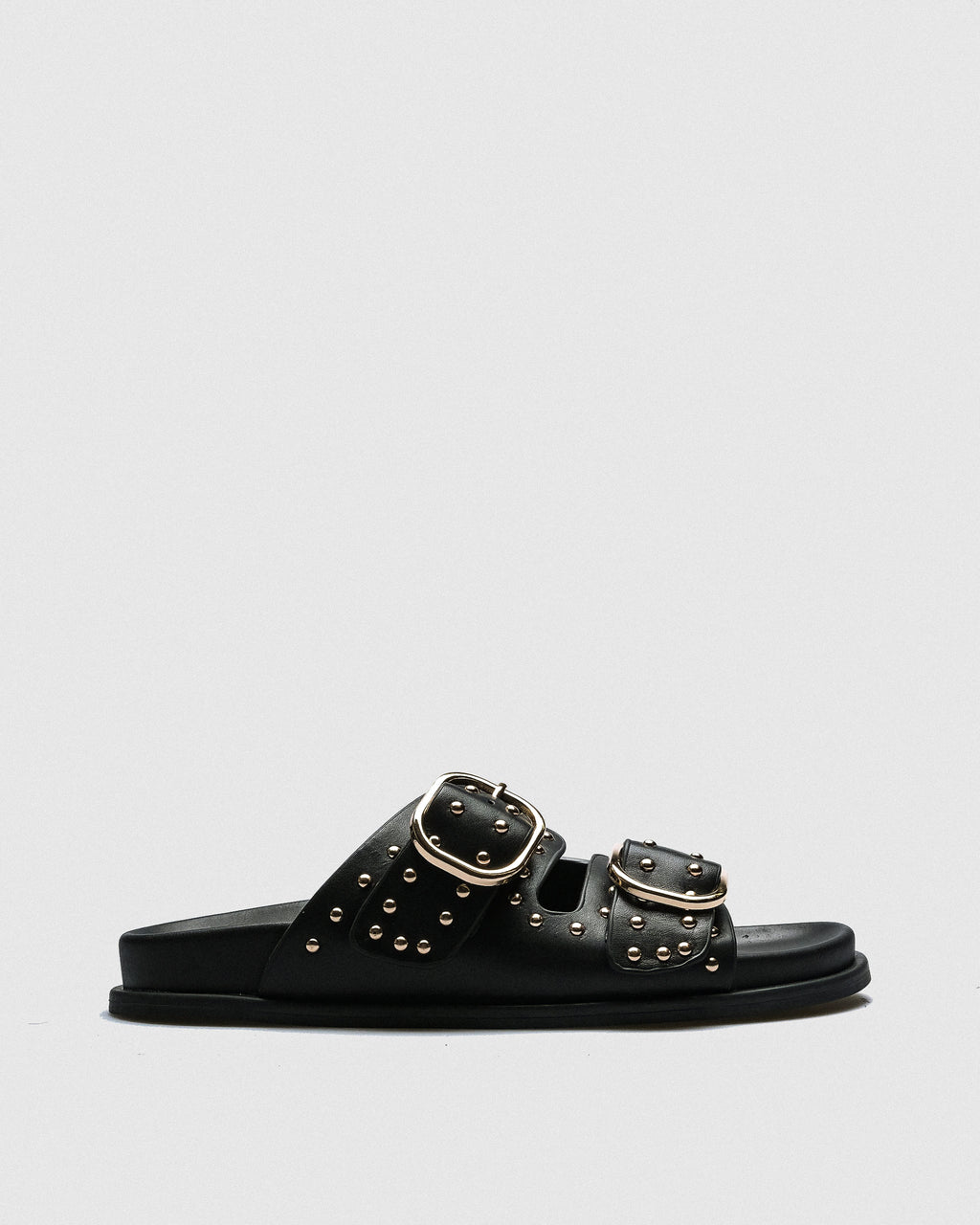 Mary Studded Leather Sandal — Black with Gold Studs and Buckles