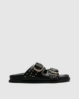 Mary Studded Leather Sandal — Black with Gold Studs and Buckles