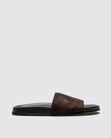 Thea Slide — Chocolate Brown Suede Single-Band Slide