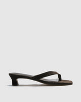 Odile Suede Kitten Heel Mule — Brown V-Strap