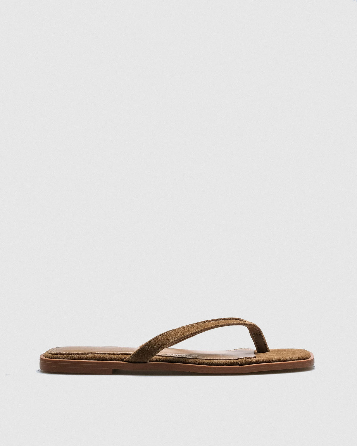 Elio Suede Thong Slide — Tan Slim V-Strap