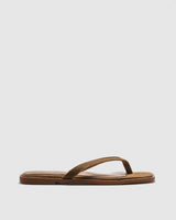Elio Suede Thong Slide — Tan Slim V-Strap