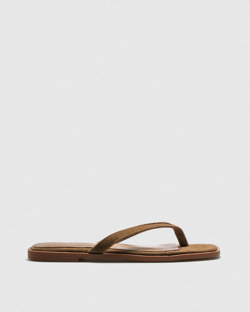 Elio Suede Thong Slide — Tan Slim V-Strap