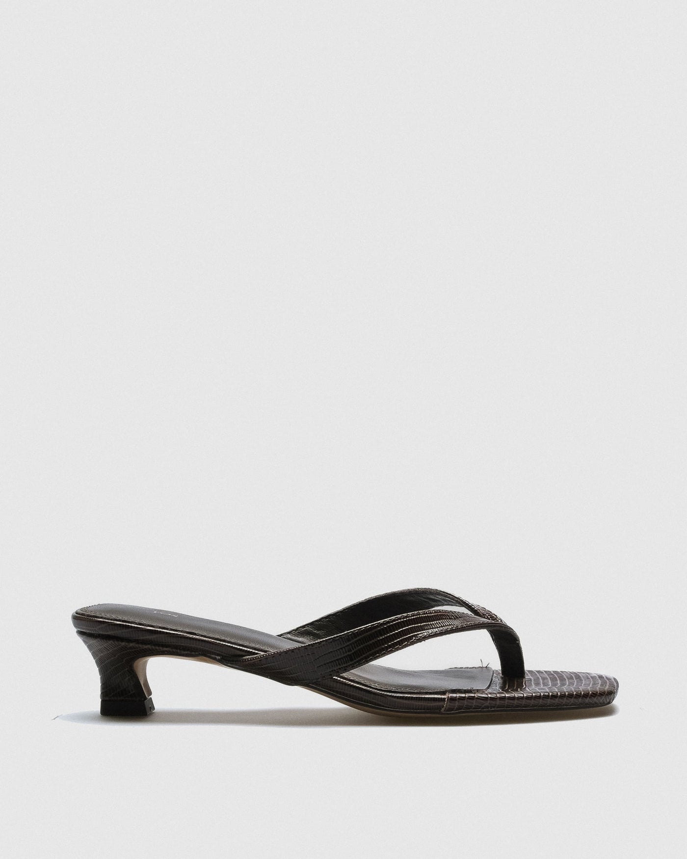 Sela Croc-Embossed Kitten Heel Sandal — Brown V-Strap