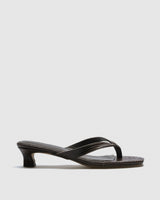 Sela Croc-Embossed Kitten Heel Sandal — Brown V-Strap