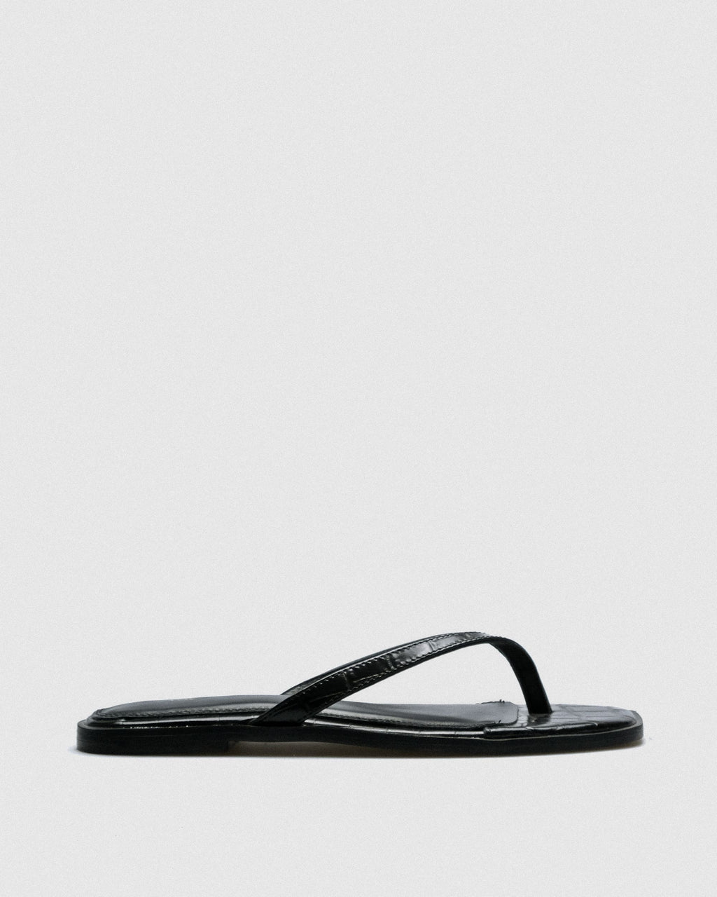 Rue Croc-Embossed Thong Slide — Black Slim V-Strap
