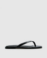 Rue Croc-Embossed Thong Slide — Black Slim V-Strap