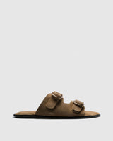 Cait Suede Sandal — Camel with Dual Buckles
