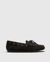 Side profile, dark brown suede moccasin with silver dome studs and bow tie detail