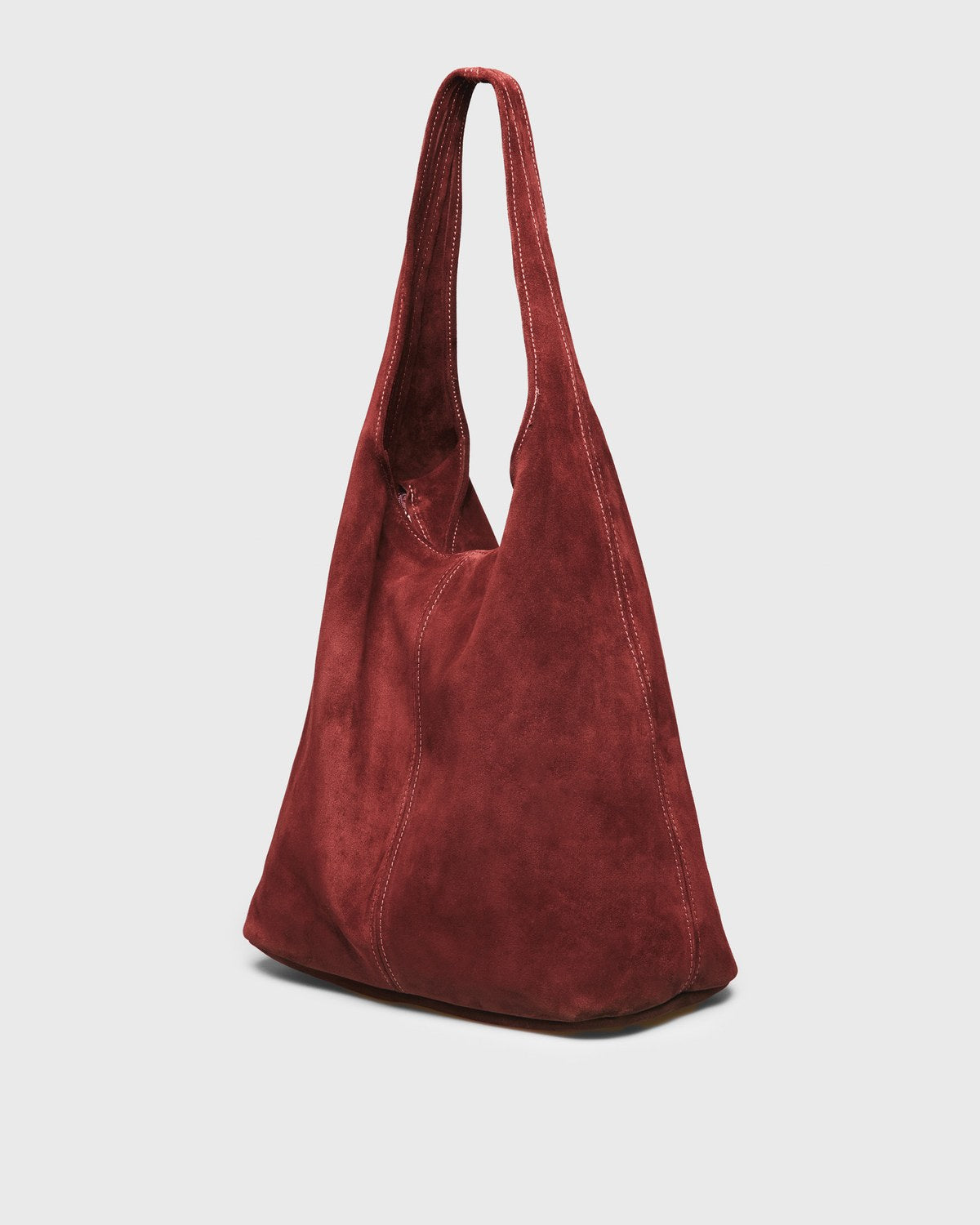 Mona Suede Hobo Bag, burgundy, three-quarter view
