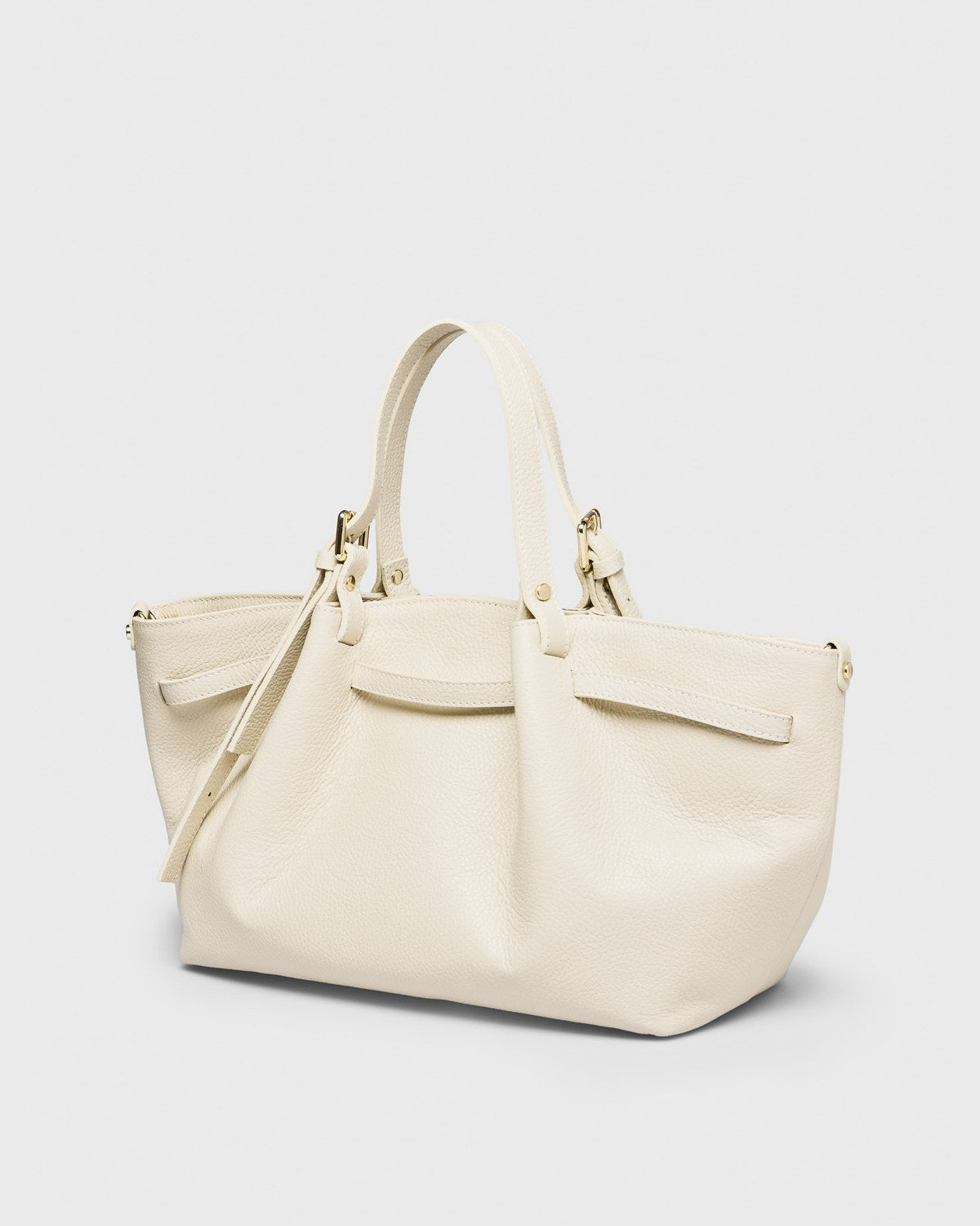 Bea Belted Leather Tote, cream, three-quarter view