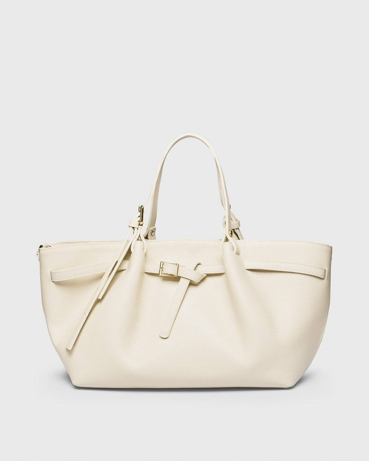 Bea Belted Leather Tote, cream, front view