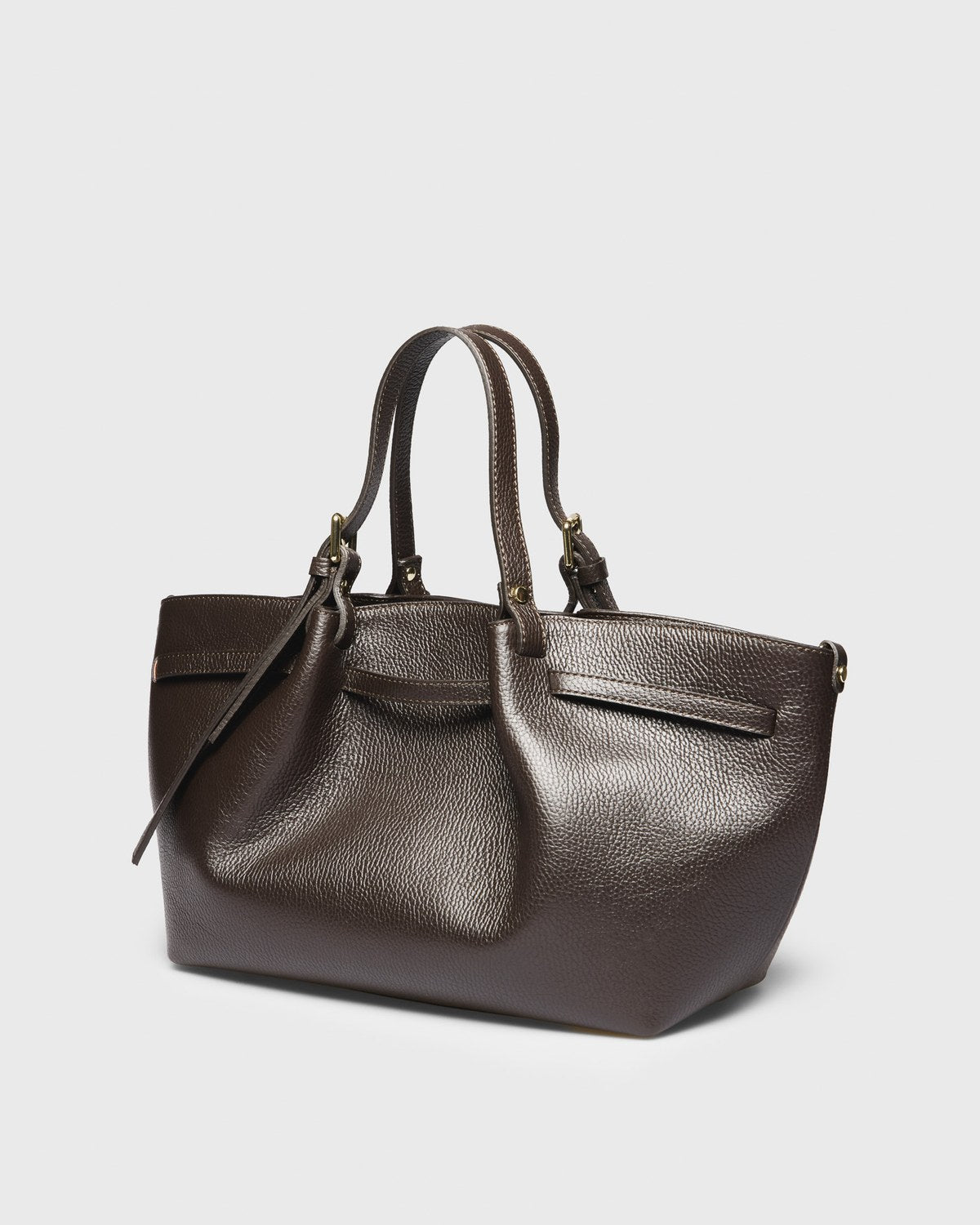 Rina Belted Leather Tote, brown, three-quarter view